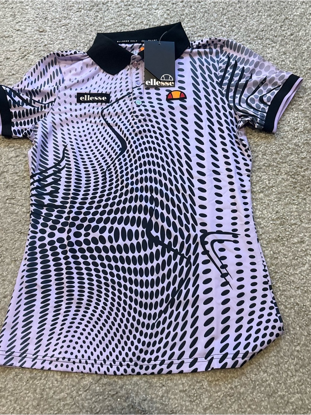 ellesse Veccia Lavender Black Optical Dot Polo NEW Sz 4 Golf Women’s Purple